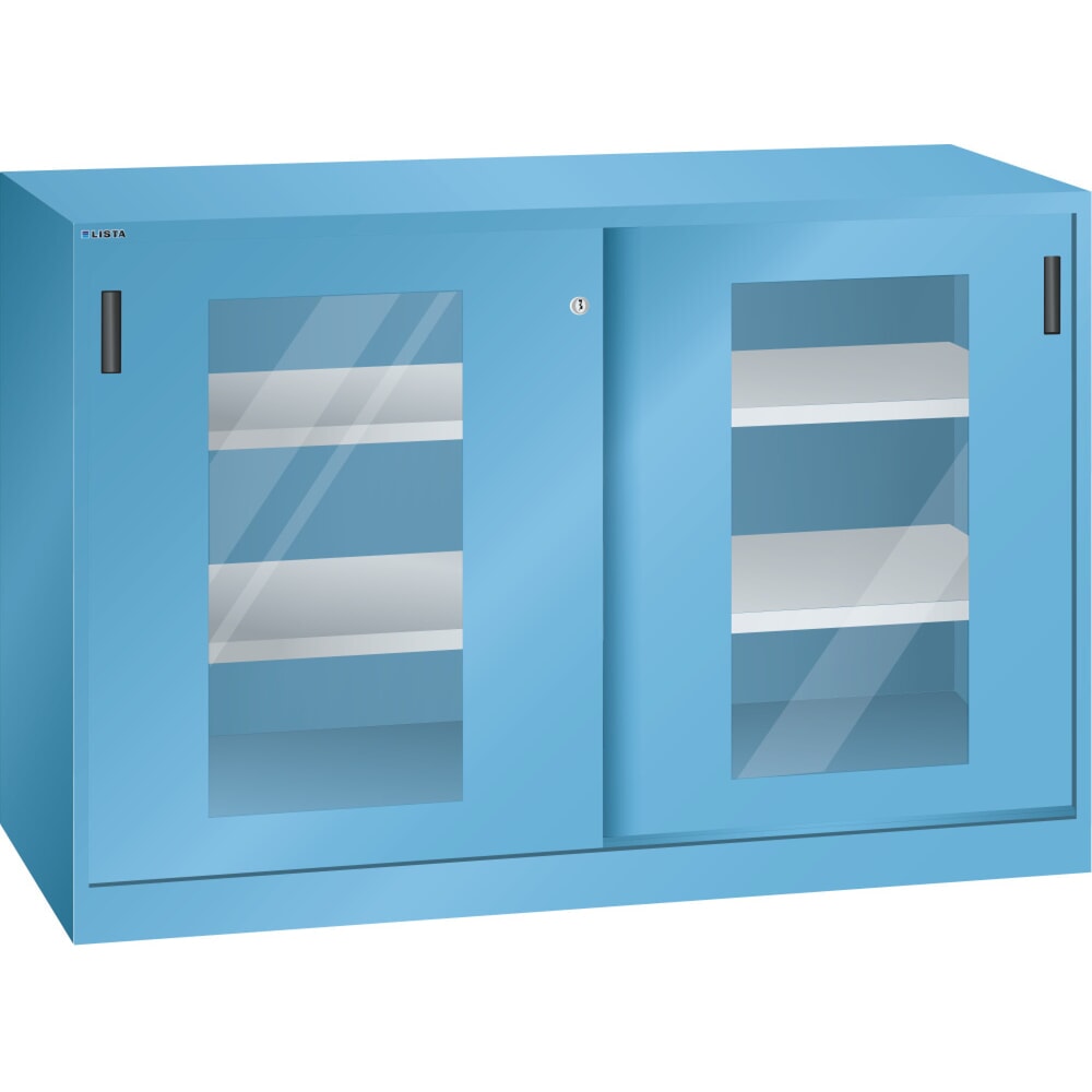 Illustration du produit: Armoire d'appoint LISTA avec portes coulissantes, (lxH) 1 500x1 000 mm, 4 étagères réglables, vitres transparentes, profondeur 400 mm, bleu clair