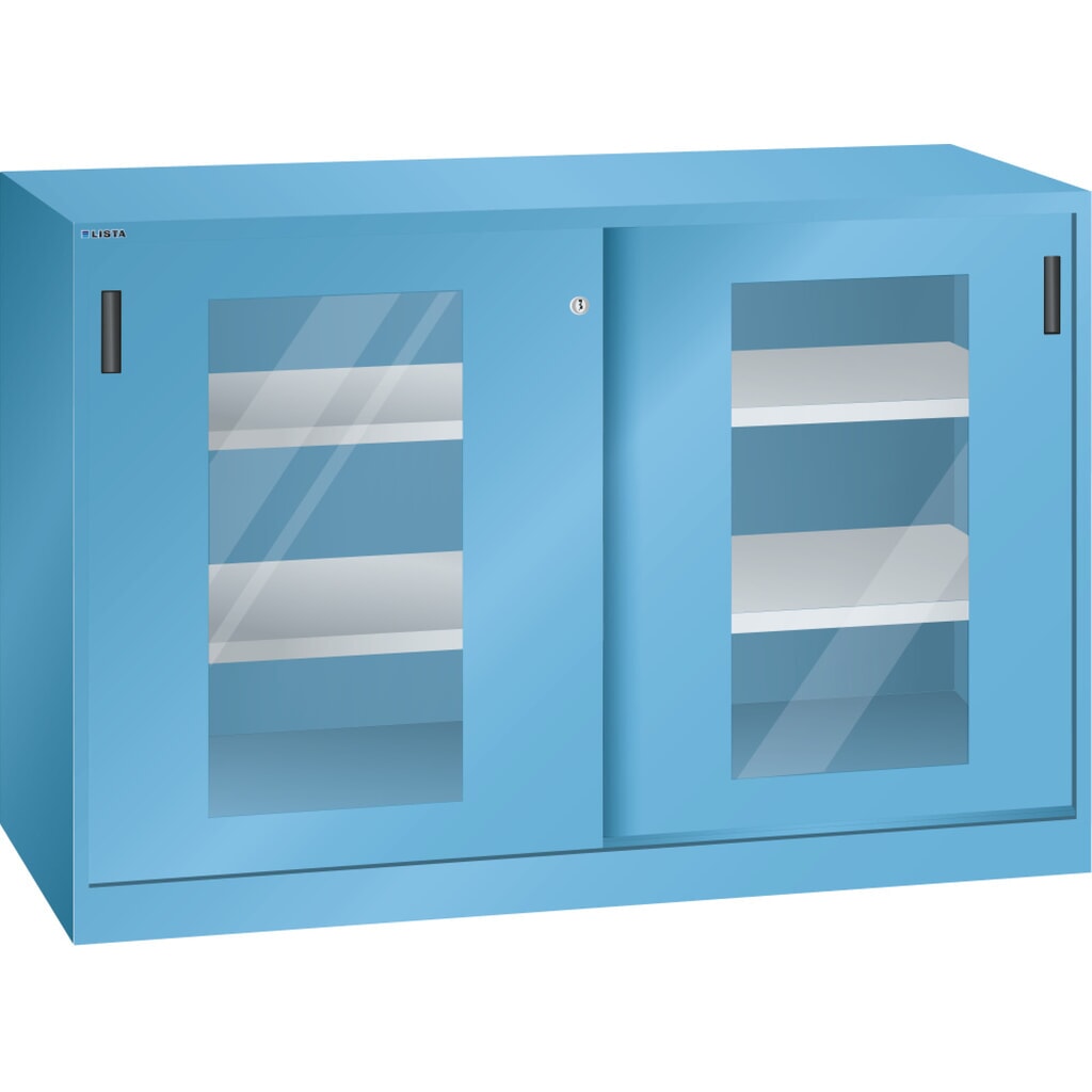 Illustration du produit: Armoire d'appoint LISTA avec portes coulissantes, (lxH) 1 500x1 000 mm, 4 étagères réglables, vitres transparentes, profondeur 400 mm, bleu clair
