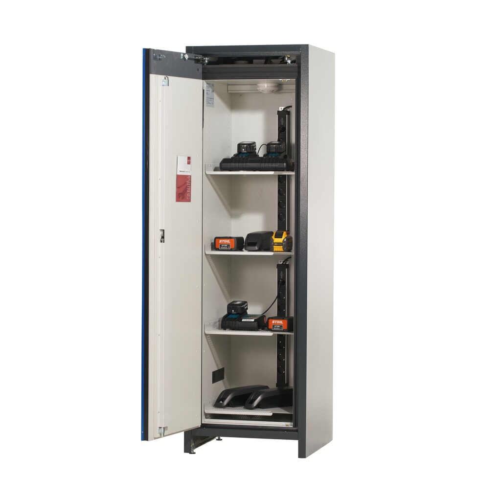 N° de l'image du produit 6 : Armoire de sécurité asecos® pour batterie lithium-ions type 90 ION-CORE-CHARGE, HxLxP 1.953 x 599 x 615 mm, 4x tablettes isolées, 2x multiprises (version UE), 1x bac de rétention au sol