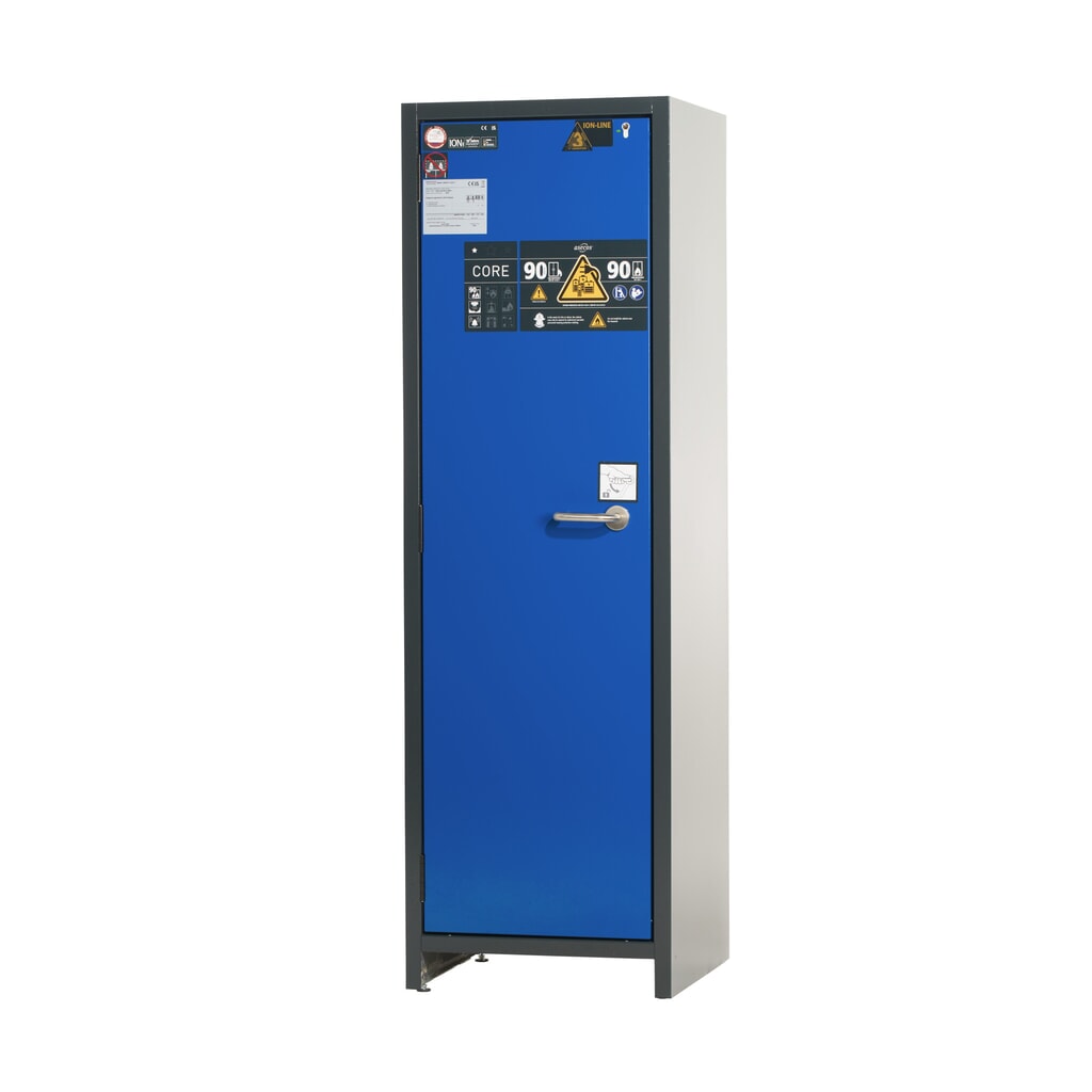 Armoire de sécurité asecos® pour batterie lithium-ions type 90 ION-CORE-CHARGE, HxLxP 1.953 x 599 x 615 mm, 4x tablettes isolées, 2x multiprises (version UE), 1x bac de rétention au sol N° de l'image du produit 1 : Armoire de sécurité asecos® pour batterie lithium-ions type 90 ION-CORE-CHARGE, HxLxP 1.953 x 599 x 615 mm, 4x tablettes isolées, 2x multiprises (version UE), 1x bac de rétention au sol