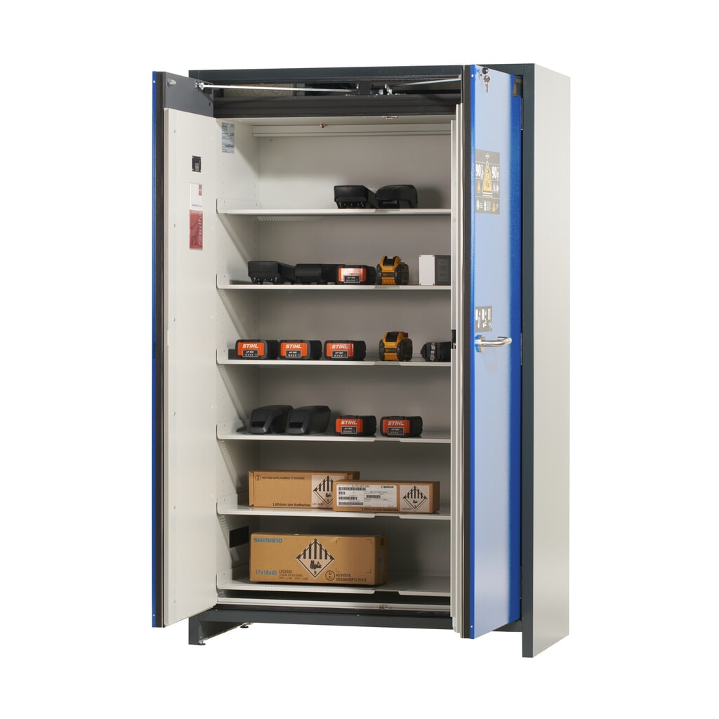 N° de l'image du produit 6 : Armoire de sécurité asecos® pour batterie type 90 pour batterie lithium-ions ION-CORE-STORE, haut. x larg. x prof. 1 953 x 1 193 x 615 mm, 6 étagères isolées, 1 bac de rétention au sol