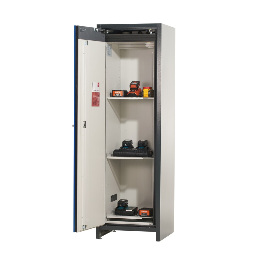 Armoire de sécurité asecos® pour batterie type 90 pour batterie lithium-ions ION-CORE-STORE, haut. x larg. x prof. 1 953 x 599 x 615 mm, 3 étagères isolées, 1 bac de rétention au sol N° de l'image du produit 6 : Armoire de sécurité asecos® pour batterie type 90 pour batterie lithium-ions ION-CORE-STORE, haut. x larg. x prof. 1 953 x 599 x 615 mm, 3 étagères isolées, 1 bac de rétention au sol