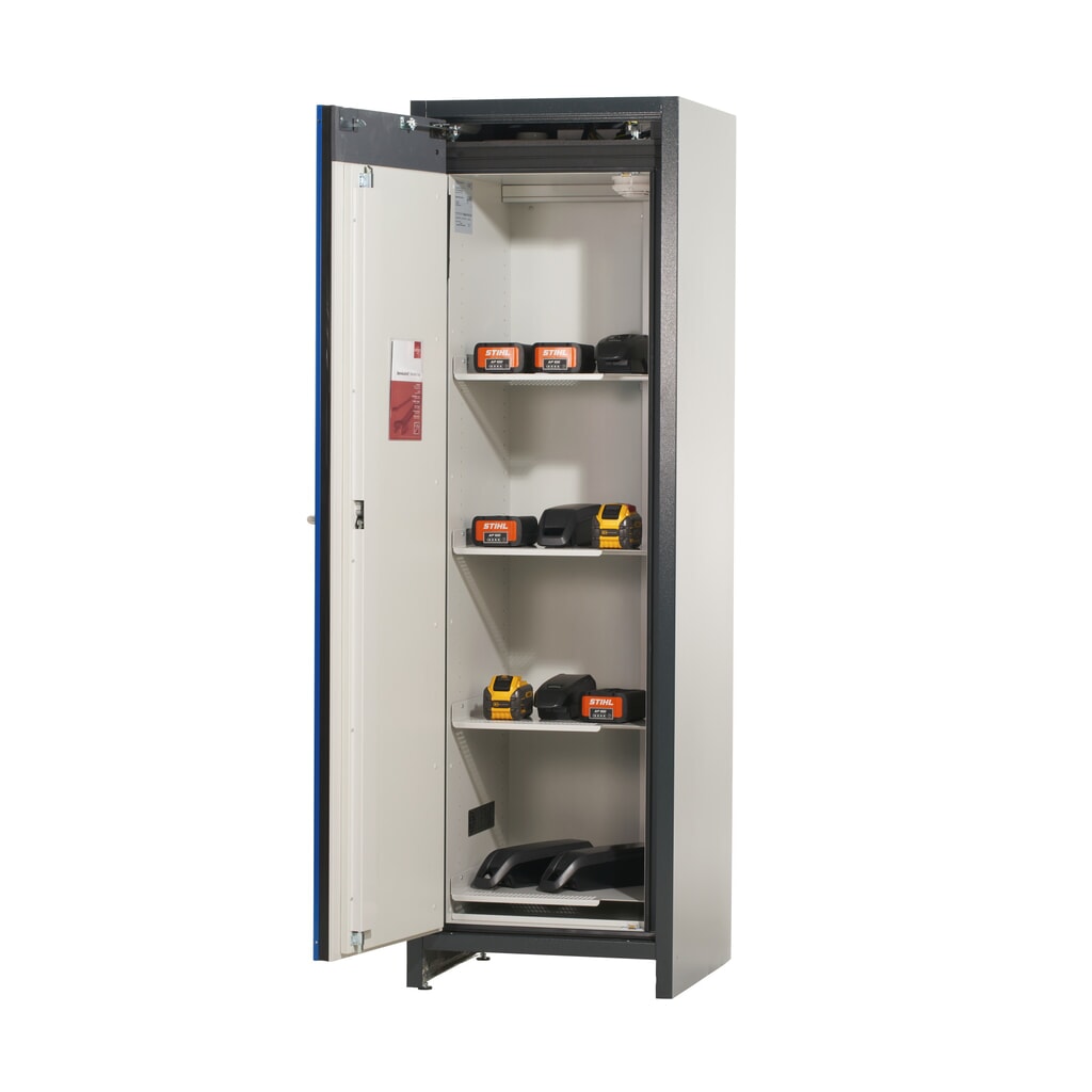 Armoire de sécurité asecos® pour batterie type 90 pour batterie lithium-ions ION-CORE-STORE, haut. x larg. x prof. 1 953 x 599 x 615 mm, 4 étagères isolées, 1 bac de rétention au sol N° de l'image du produit 6 : Armoire de sécurité asecos® pour batterie type 90 pour batterie lithium-ions ION-CORE-STORE, haut. x larg. x prof. 1 953 x 599 x 615 mm, 4 étagères isolées, 1 bac de rétention au sol