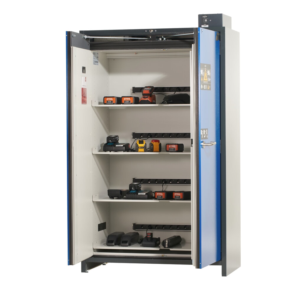 N° de l'image du produit 6 : Armoire de sécurité asecos® pour batterie lithium-ions type 90 ION-PRO-CHARGE, HxLxP 2.224 x 1.193 x 615 mm, 4x tablettes isolées, 4x multiprises (version UE), 1x bac de rétention au sol
