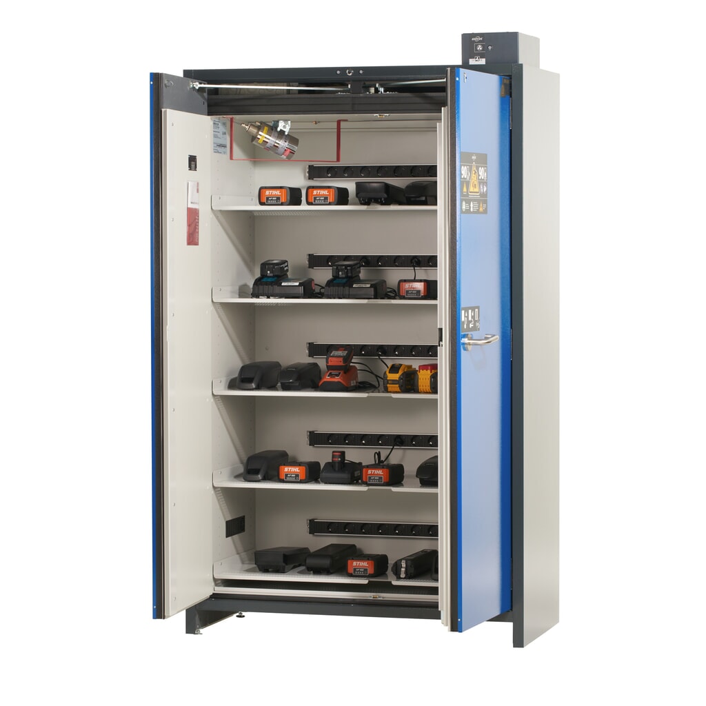 N° de l'image du produit 7 : Armoire de sécurité asecos® pour batterie lithium-ions type 90 ION-PRO-CHARGE, HxLxP 2.224 x 1.193 x 615 mm, 5x tablettes isolées, 5x multiprises (version UE), 1x bac de rétention au sol