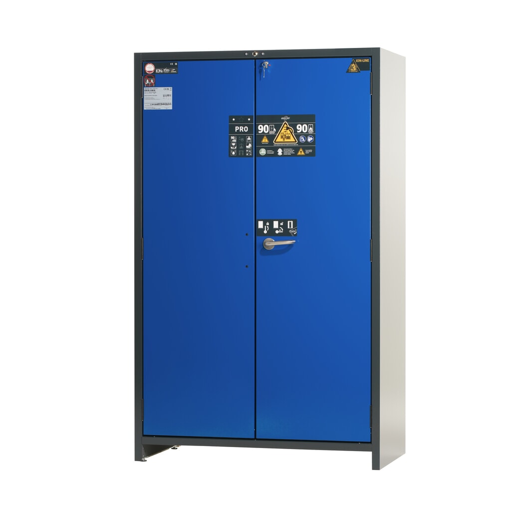 Illustration du produit: Armoire de sécurité asecos® pour batterie type 90 pour batterie lithium-ions ION-PRO-STORE, haut. x larg. x prof. 1 953 x 1 193 x 615 mm, 5 étagères isolées, 1 bac de rétention au sol