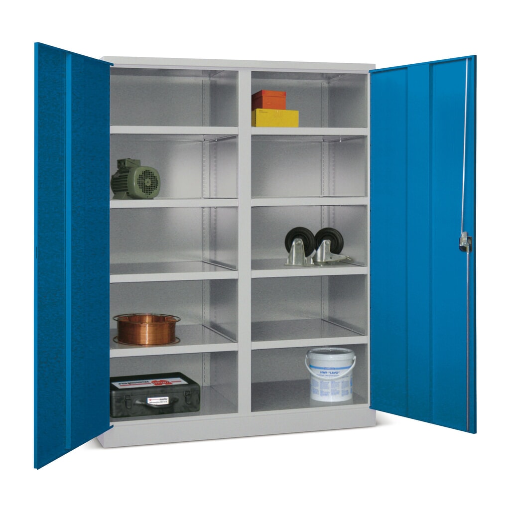 Armoire industrielle pour charges lourdes PAVOY Premium avec paroi intermédiaire, 8 tablettes, H x l x P 1 950 x 1 470 x 630 mm, bleu ciel, gris clair N° de l'image du produit 1 : Armoire industrielle pour charges lourdes PAVOY Premium avec paroi intermédiaire, 8 tablettes, H x l x P 1 950 x 1 470 x 630 mm, bleu ciel, gris clair