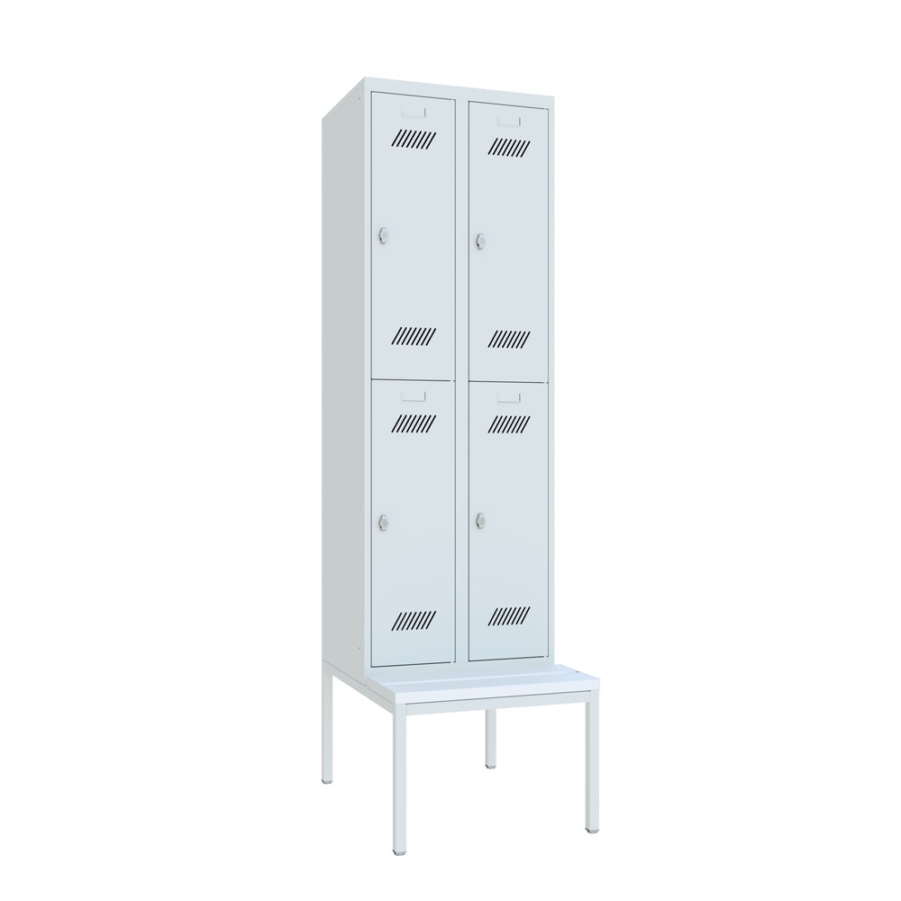 N° de l'image du produit 1 : Armoire-penderie avec banc PAVOY, 2 niveaux, 2 x 2 compartiments de 300 mm, fermeture à pêne tournant, gris clair, gris clair