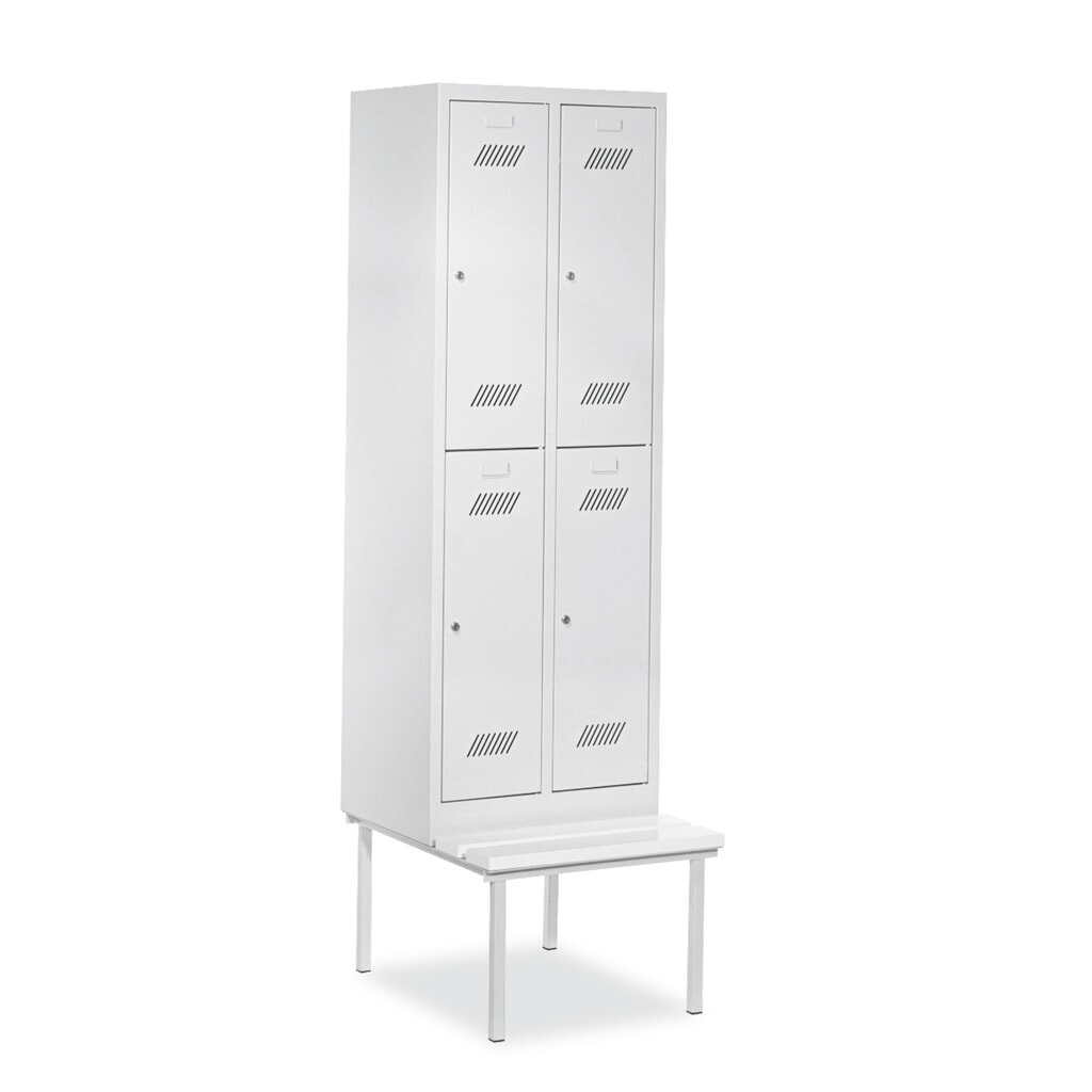 Armoire-penderie avec banc PAVOY, 2 niveaux, 2 x 2 compartiments de 300 mm, fermeture à pêne tournant, gris clair, gris clair Illustration du produit: Armoire-penderie avec banc PAVOY, 2 niveaux, 2 x 2 compartiments de 300 mm, fermeture à pêne tournant, gris clair, gris clair