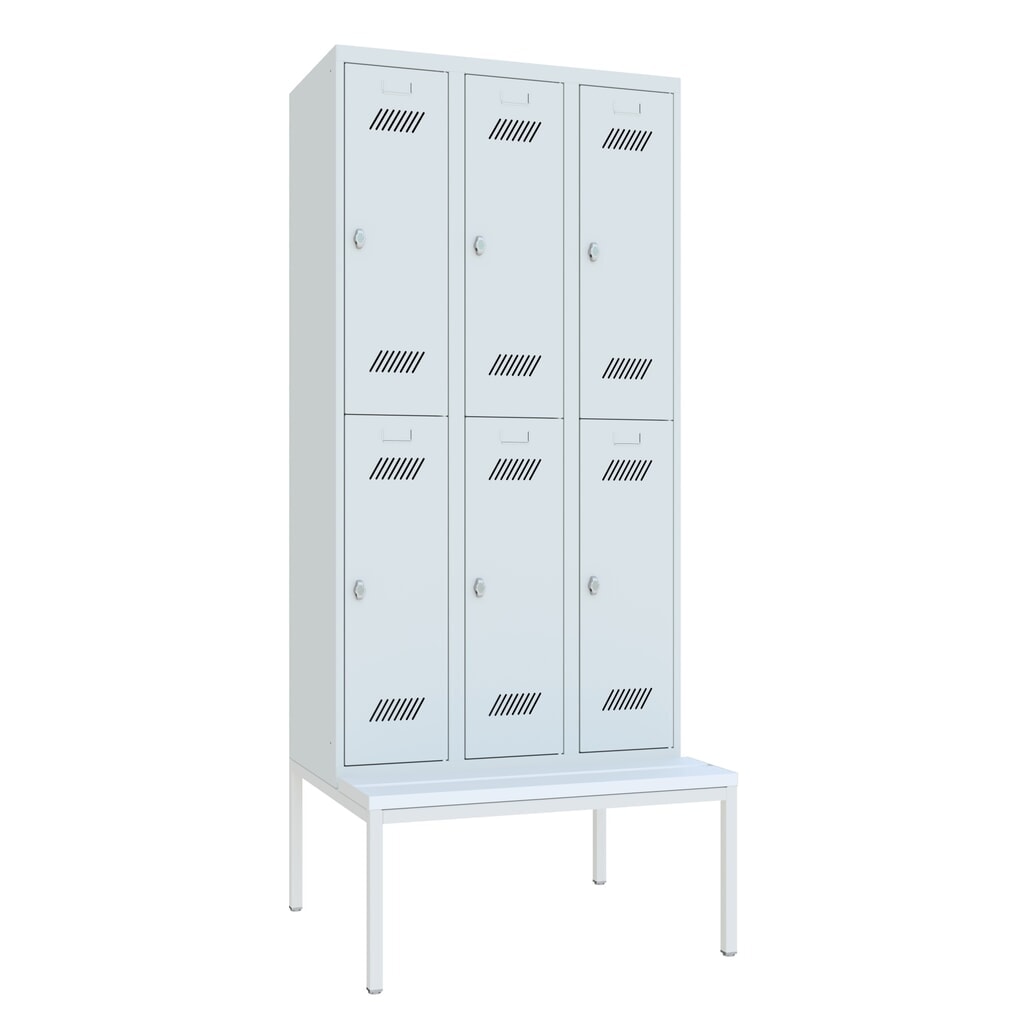 Illustration du produit: Armoire-penderie avec banc PAVOY, 2 niveaux, 3 x 2 compartiments de 300 mm, fermeture à pêne tournant, gris clair, gris clair