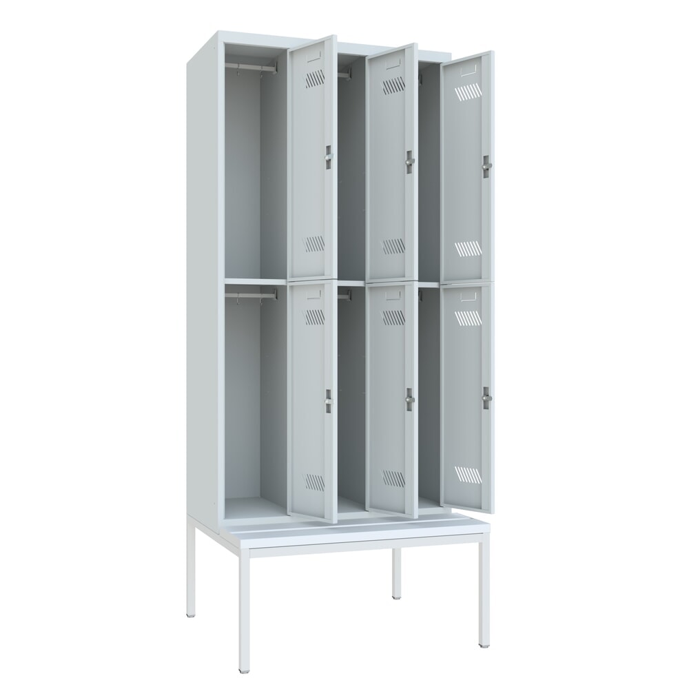 N° de l'image du produit 2 : Armoire-penderie avec banc PAVOY, 2 niveaux, 3 x 2 compartiments de 300 mm, fermeture à pêne tournant, gris clair, gris clair