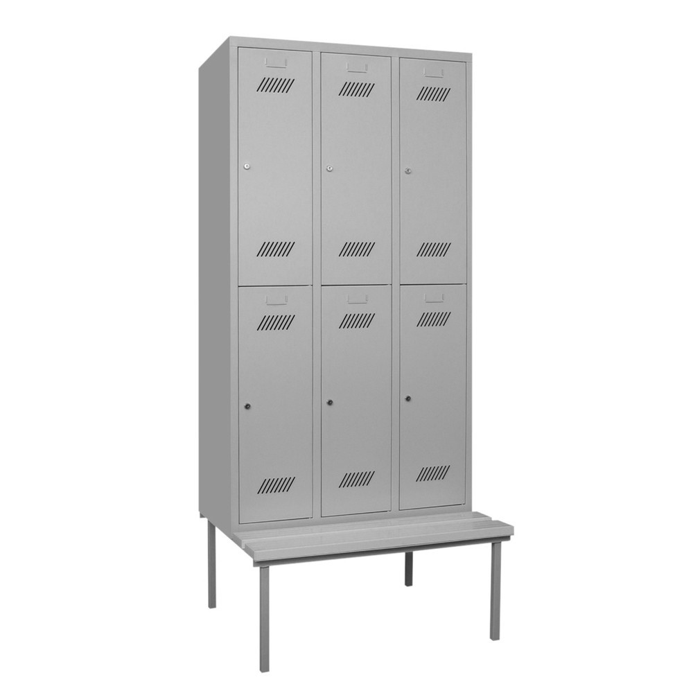 Illustration du produit: Armoire-penderie avec banc PAVOY, 2 niveaux, 3 x 2 compartiments de 400 mm, fermeture à pêne tournant, bleu gentiane, gris clair