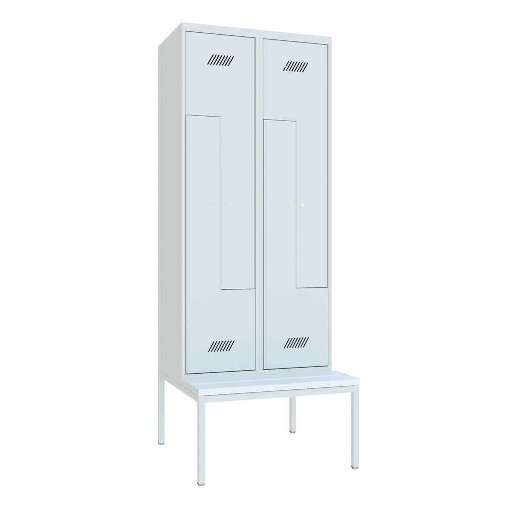 Illustration du produit: Armoire-penderie en Z avec banc PAVOY, 4 compartiments, serrure à cylindre, gris clair, gris clair, Plastique, blanc