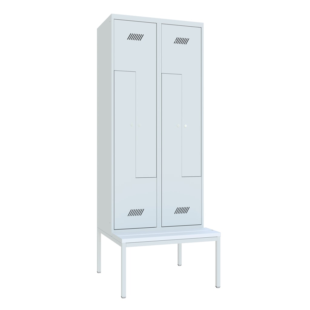 Illustration du produit: Armoire-penderie en Z avec banc PAVOY, 4 compartiments, serrure à cylindre, gris clair, gris clair, Plastique, blanc