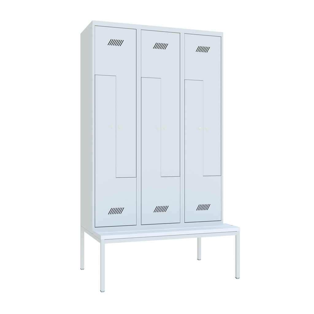 Illustration du produit: Armoire-penderie en Z avec banc PAVOY, 6 compartiments, serrure à cylindre, gris clair, gris clair, Plastique, blanc