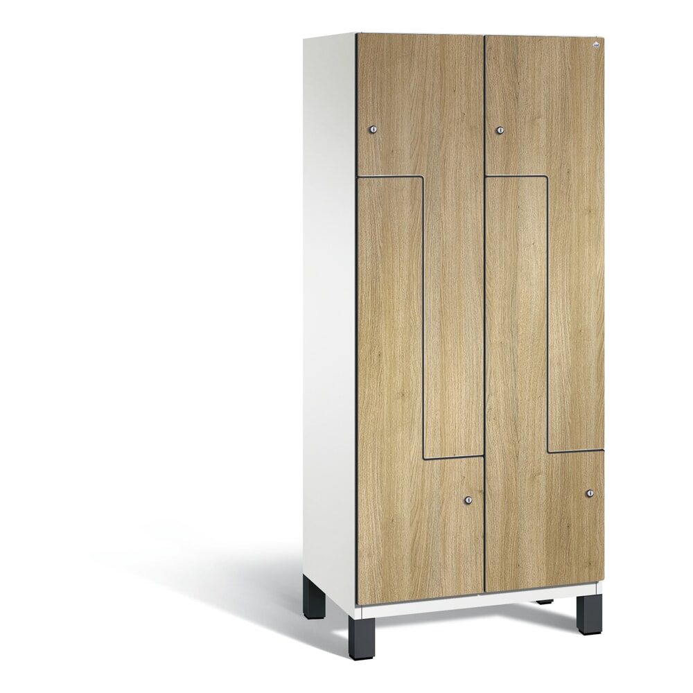 Illustration du produit: Armoire-penderie en Z Cambio C+P, 2 compartiments, largeur des compartiments 400 mm, HxlxP 1 980x800x525 mm, RAL 9016 blanc de signalisation, décor chêne Sereno, pieds