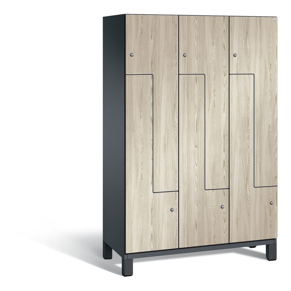 Illustration du produit: Casier Z C+P Cambio, 3 compartiments, largeur de casier 400 mm, haut. x larg. x prof. 1 980 x 1200 x 525 mm, RAL 7021 gris noir, décor frêne Sen, pieds