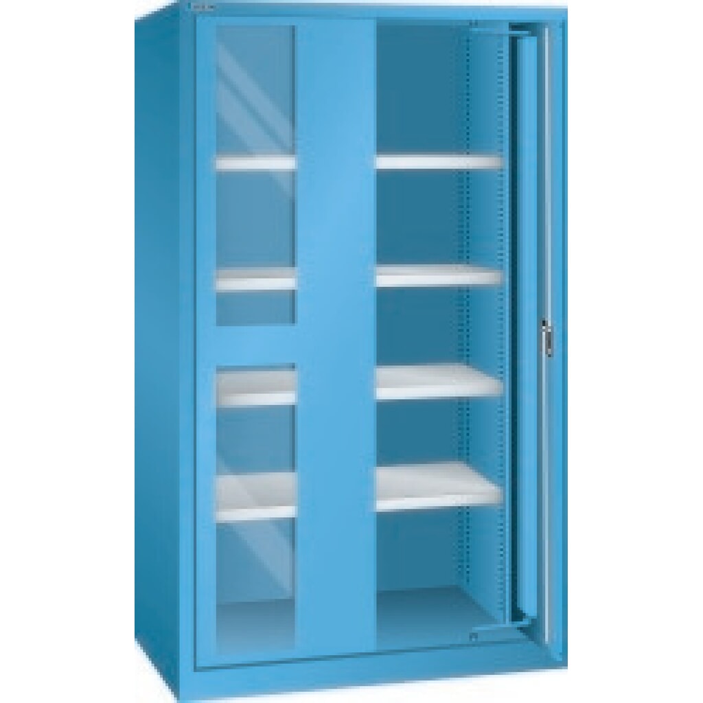 Armoire pour charges lourdes LISTA avec portes rétractables+ vitres transparentes, 4 tablettes, H x l x P 1 950 x 1 146 x 690 mm, bleu clair Illustration du produit: Armoire pour charges lourdes LISTA avec portes rétractables+ vitres transparentes, 4 tablettes, H x l x P 1 950 x 1 146 x 690 mm, bleu clair