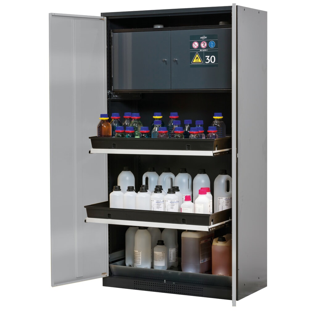 Illustration du produit: armoire à produits chimiques asecos® CS-CLASSIC-F, avec boîtier de sécurité de type 30, bac en PP et 3 étagères coulissantes, haut. x larg. x prof. 1 950 x 1 055 x 520 mm, argent
