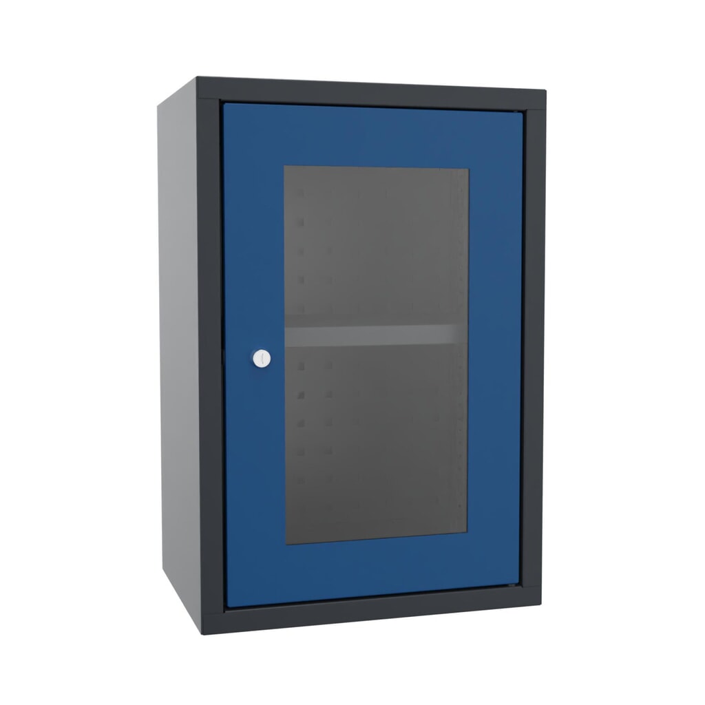 Illustration du produit: Armoire suspendue PAVOY avec regard, H x l x P 600 x 400 x 300 mm, paroi arrière perforée, bleu gentiane, gris anthracite