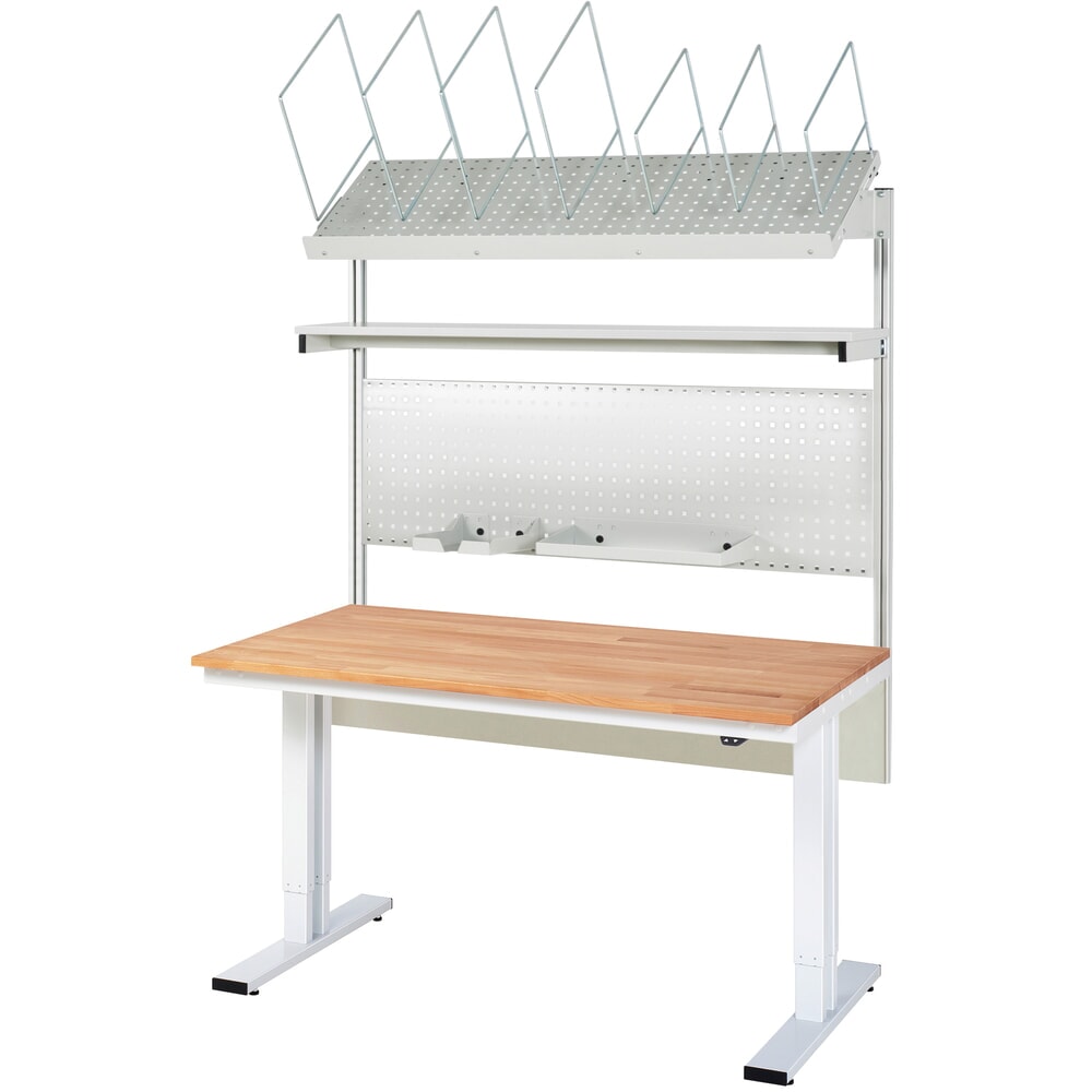 Illustration du produit: Ensemble de table d’emballage RAU réglable en hauteur électriquement adlatus 300, installation avec magasin de cartons et plaque perforée, H x l x P 1 850–2 250 mm x 2 000 mm x 1000 mm