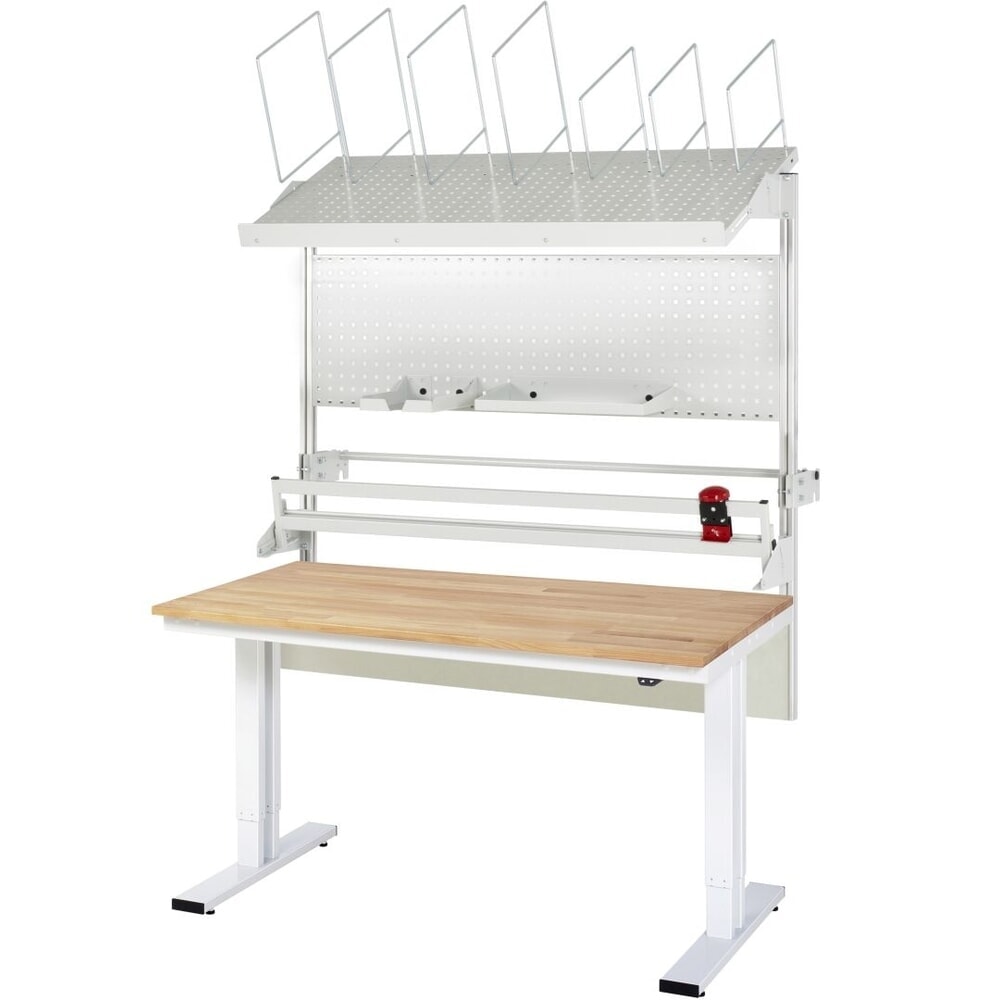 Illustration du produit: Ensemble de table d’emballage RAU réglable en hauteur électriquement adlatus 300, installation avec magasin de cartons, plaque perforée et dispositif de découpe, H x l x P 1 850–2 250 mm x 2 000 mm x 1000 mm