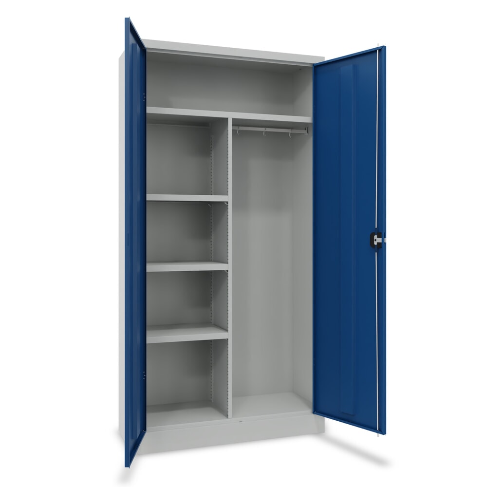 N° de l'image du produit 1 : PAVOY Armoire à portes battantes avec étagère à couvre-chef, paroi de séparation, tablettes revêtues par poudrage et tringle à vêtements, H x l x P 1 950 x 1 000 x 400 mm, gris clair/bleu gentiane