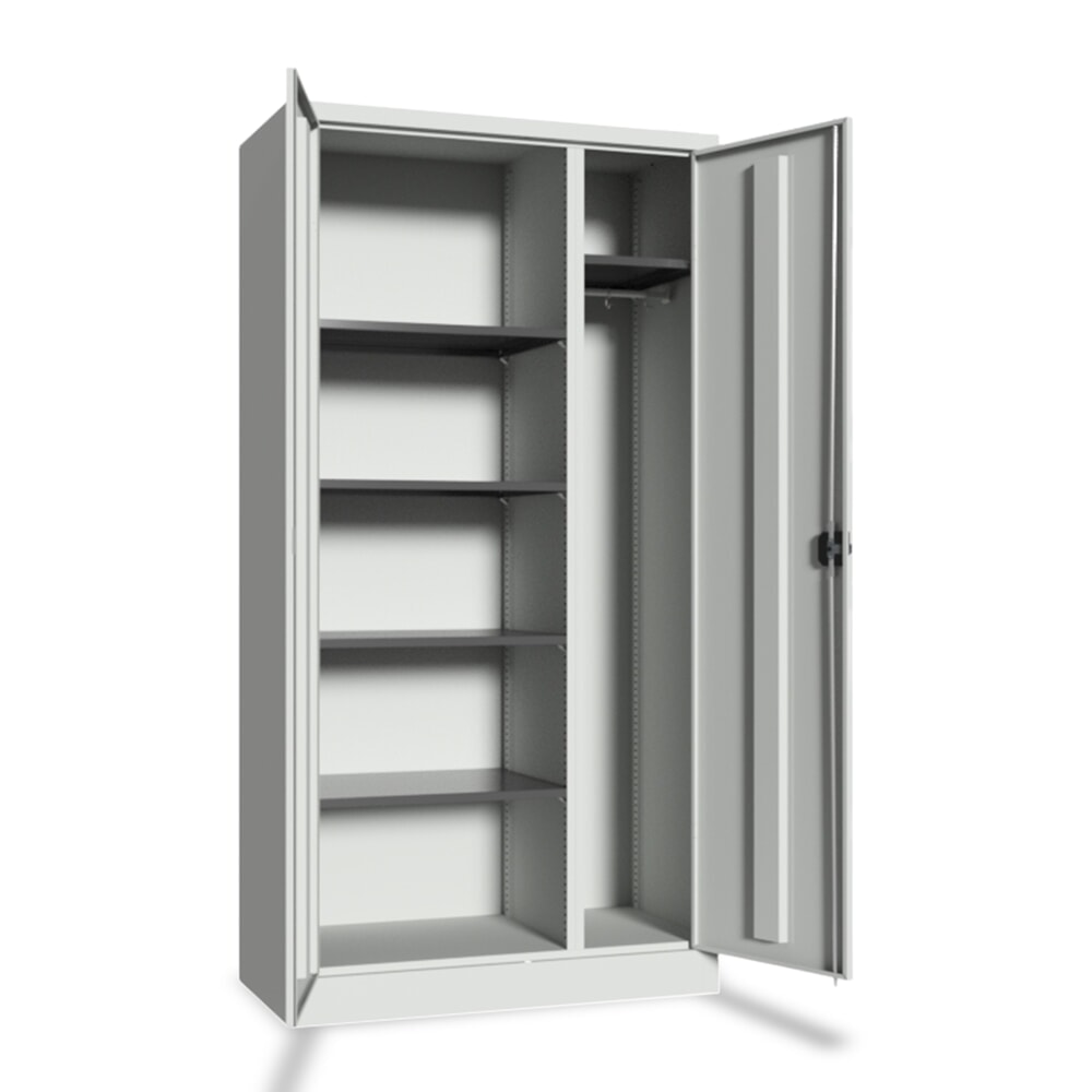 N° de l'image du produit 1 : PAVOY Armoire à produits de nettoyage avec paroi de séparation, tablettes galvanisées et tringle à vêtements, H x l x P 1 950 x 1 000 x 400 mm, gris clair/gris clair