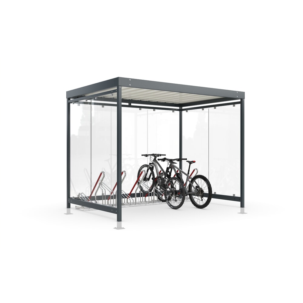 N° de l'image du produit 1 : wsm® abri à vélos Economy Köln, vitrage ESG, système de stationnement de vélos 2502 XBF, en kit, pour 4 vélos, H x l x P 2440 mm x 3180 mm x 2165 mm