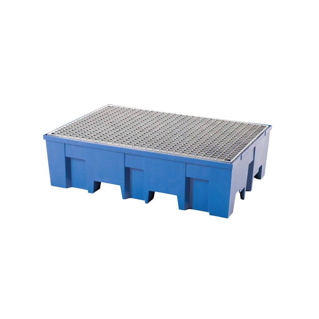 asecos® bac de rétention en polyéthylène (PE) avec entrées de fourche, 2 x 200 l, H x l x P 350 x 865 x 1 245 mm, grille galvanisée Illustration du produit: asecos® bac de rétention en polyéthylène (PE) avec entrées de fourche, 2 x 200 l, H x l x P 350 x 865 x 1 245 mm, grille galvanisée