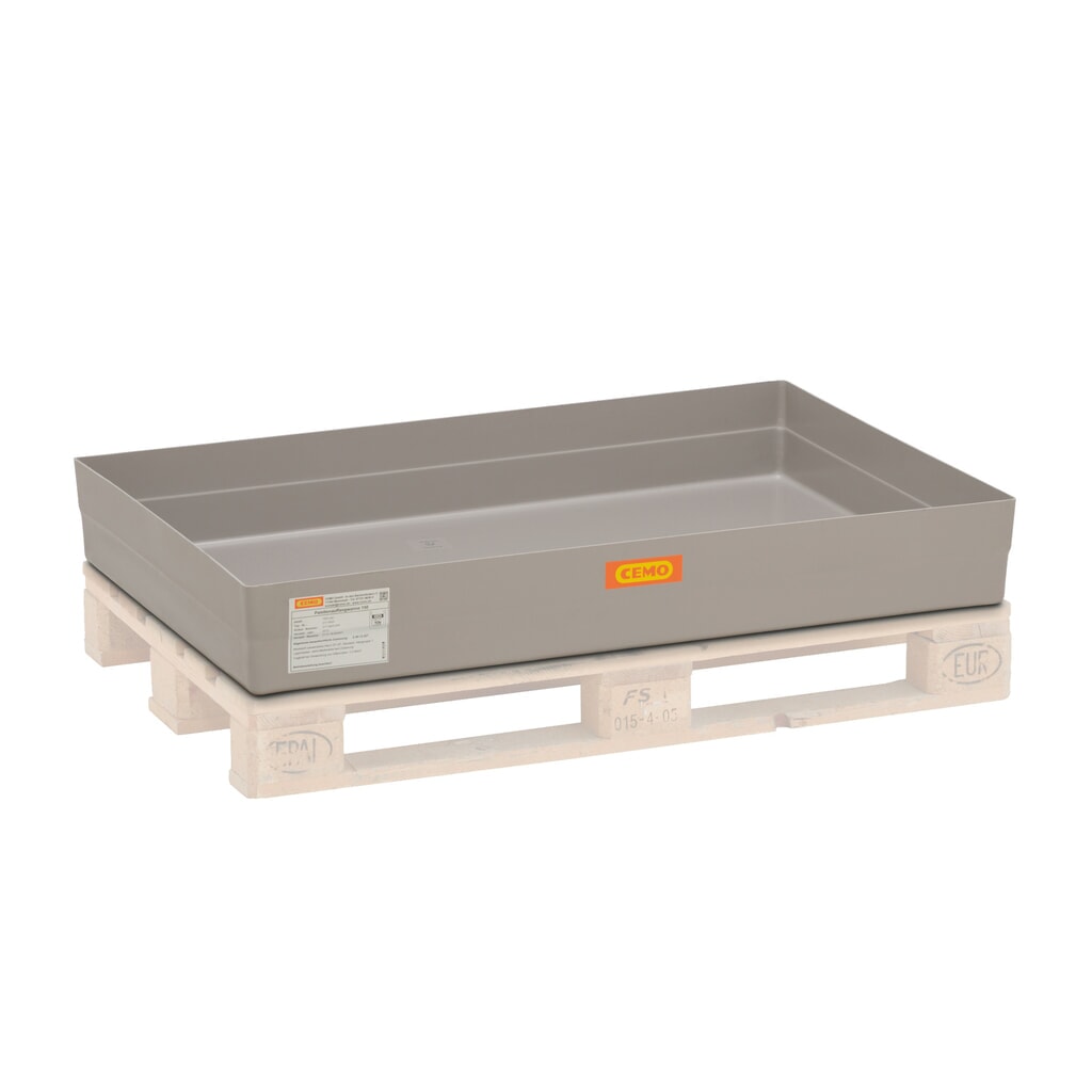 Bac de rétention CEMO pour fûts de 60 à 200 litres, support pour palettes, H x l x P 165 x 800 x 1 200 mm, sans caillebotis Illustration du produit: Bac de rétention CEMO pour fûts de 60 à 200 litres, support pour palettes, H x l x P 165 x 800 x 1 200 mm, sans caillebotis