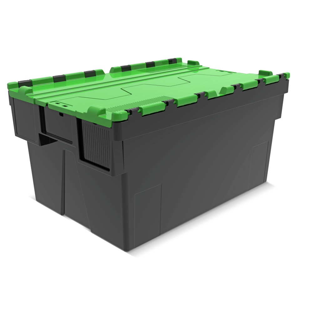 Illustration du produit: Alpha Eurobox en regranulés de PP avec couvercle basculant et rabattable, noir/vert, 56 litres, haut. x larg. x prof. 310 x 600 x 400 mm