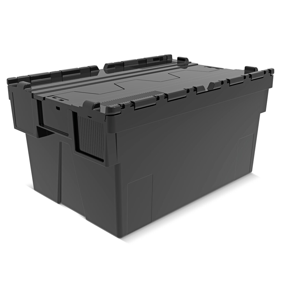 Alpha Eurobox en regranulés de PP avec couvercle basculant et rabattable, noir, 56 litres, haut. x larg. x prof. 310 x 600 x 400 mm Illustration du produit: Alpha Eurobox en regranulés de PP avec couvercle basculant et rabattable, noir, 56 litres, haut. x larg. x prof. 310 x 600 x 400 mm