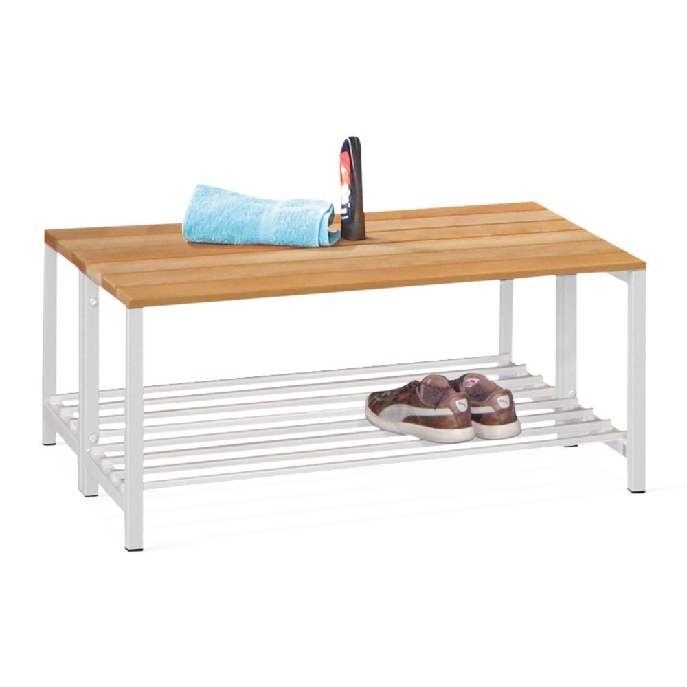 Illustration du produit: Banc de vestiaire PAVOY avec lattes en bois de hêtre, 2 côtés, longueur 1 000 mm sans porte-chaussures, bleu gentiane