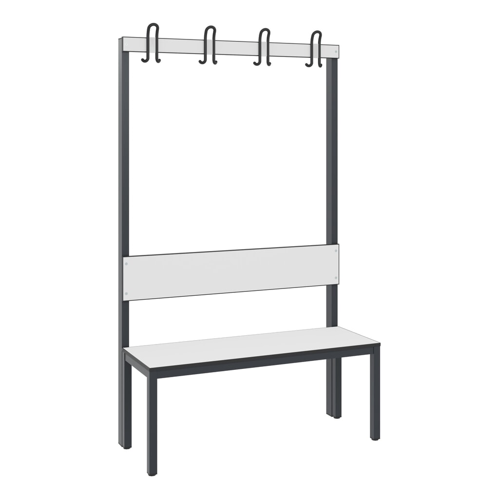Illustration du produit: Banc pour vestiaire C+P Basic Plus, longueur 1 000 mm, utilisable d’un seul côté, avec dossier, 4 crochets doubles, gris-noir / blanc