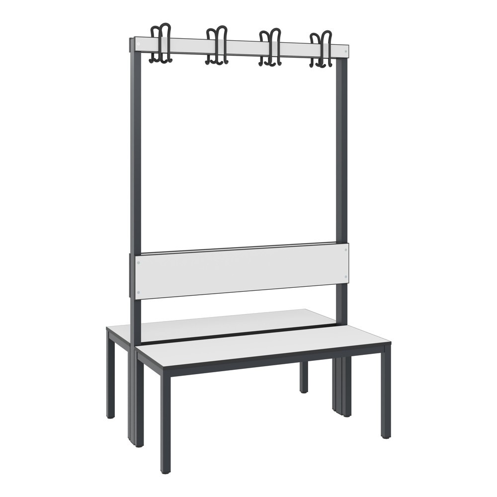 Illustration du produit: Banc pour vestiaire C+P Basic Plus, longueur 1 000 mm, utilisable d’un seul côté, avec dossier, 2x4 crochets doubles, gris-noir/blanc