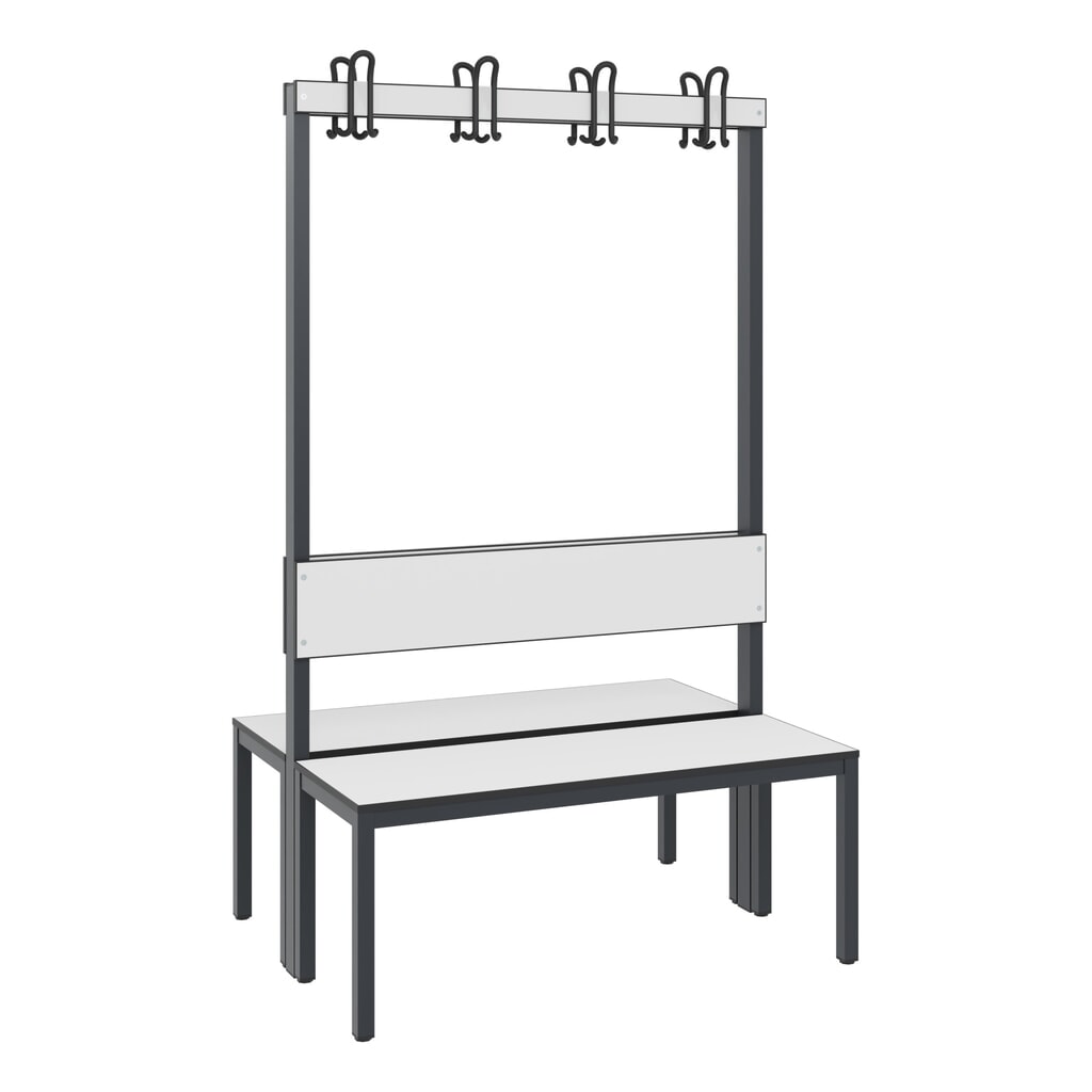 Banc pour vestiaire C+P Basic Plus, longueur 1 000 mm, utilisable d’un seul côté, avec dossier, 2x4 crochets doubles, gris-noir/blanc Illustration du produit: Banc pour vestiaire C+P Basic Plus, longueur 1 000 mm, utilisable d’un seul côté, avec dossier, 2x4 crochets doubles, gris-noir/blanc