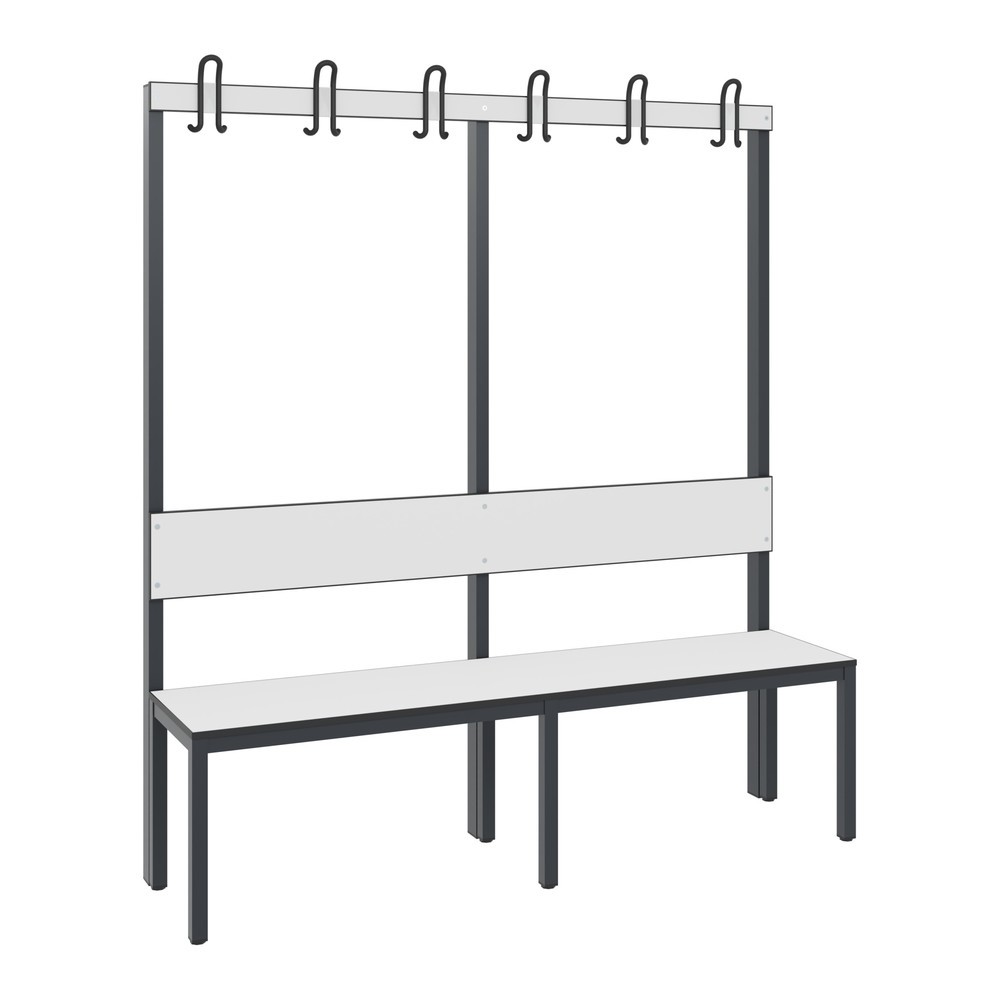 Illustration du produit: Banc pour vestiaire C+P Basic Plus, longueur 1 500 mm, utilisable d’un seul côté, avec dossier, 6 crochets doubles, gris-noir / blanc