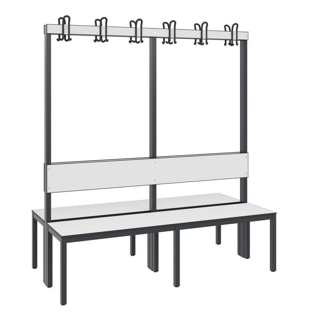 Illustration du produit: Banc pour vestiaire C+P Basic Plus, longueur 1 500 mm, utilisable des deux côtés, avec dossier, 2x6 crochets doubles, gris-noir/blanc