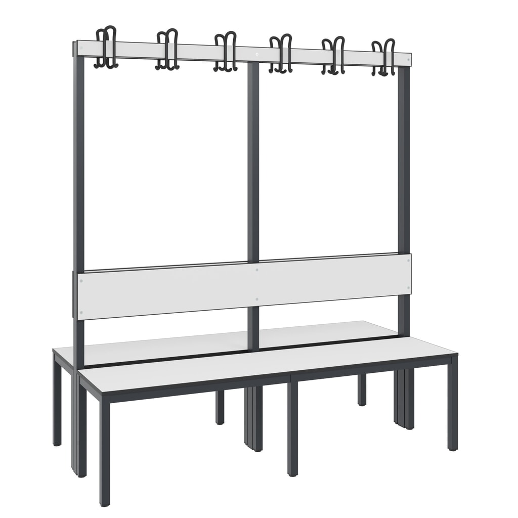 Banc pour vestiaire C+P Basic Plus, longueur 1 500 mm, utilisable des deux côtés, avec dossier, 2x6 crochets doubles, gris-noir/blanc Illustration du produit: Banc pour vestiaire C+P Basic Plus, longueur 1 500 mm, utilisable des deux côtés, avec dossier, 2x6 crochets doubles, gris-noir/blanc