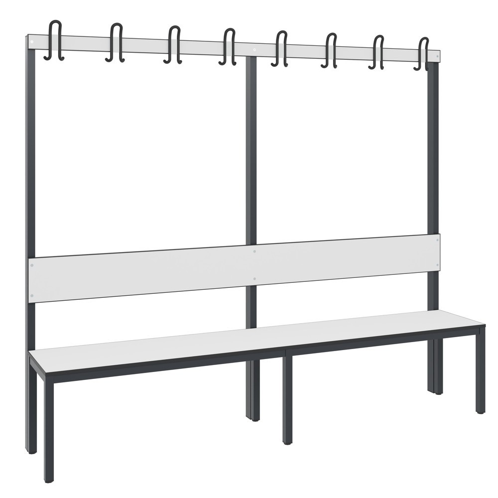 Illustration du produit: Banc pour vestiaire C+P Basic Plus, longueur 1 960 mm, utilisable d’un seul côté, avec dossier, 8 crochets doubles, gris-noir / blanc
