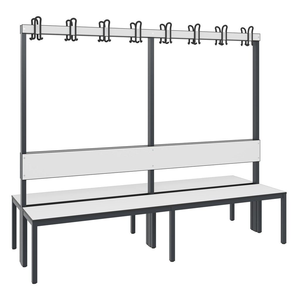 Illustration du produit: Banc pour vestiaire C+P Basic Plus, longueur 1 960 mm, utilisable des deux côtés, avec dossier, 2x8 crochets doubles, gris-noir / blanc