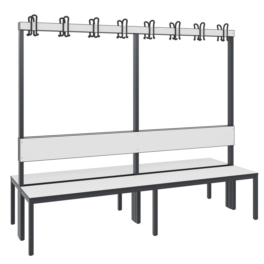 Banc pour vestiaire C+P Basic Plus, longueur 1 960 mm, utilisable des deux côtés, avec dossier, 2x8 crochets doubles, gris-noir / blanc Illustration du produit: Banc pour vestiaire C+P Basic Plus, longueur 1 960 mm, utilisable des deux côtés, avec dossier, 2x8 crochets doubles, gris-noir / blanc