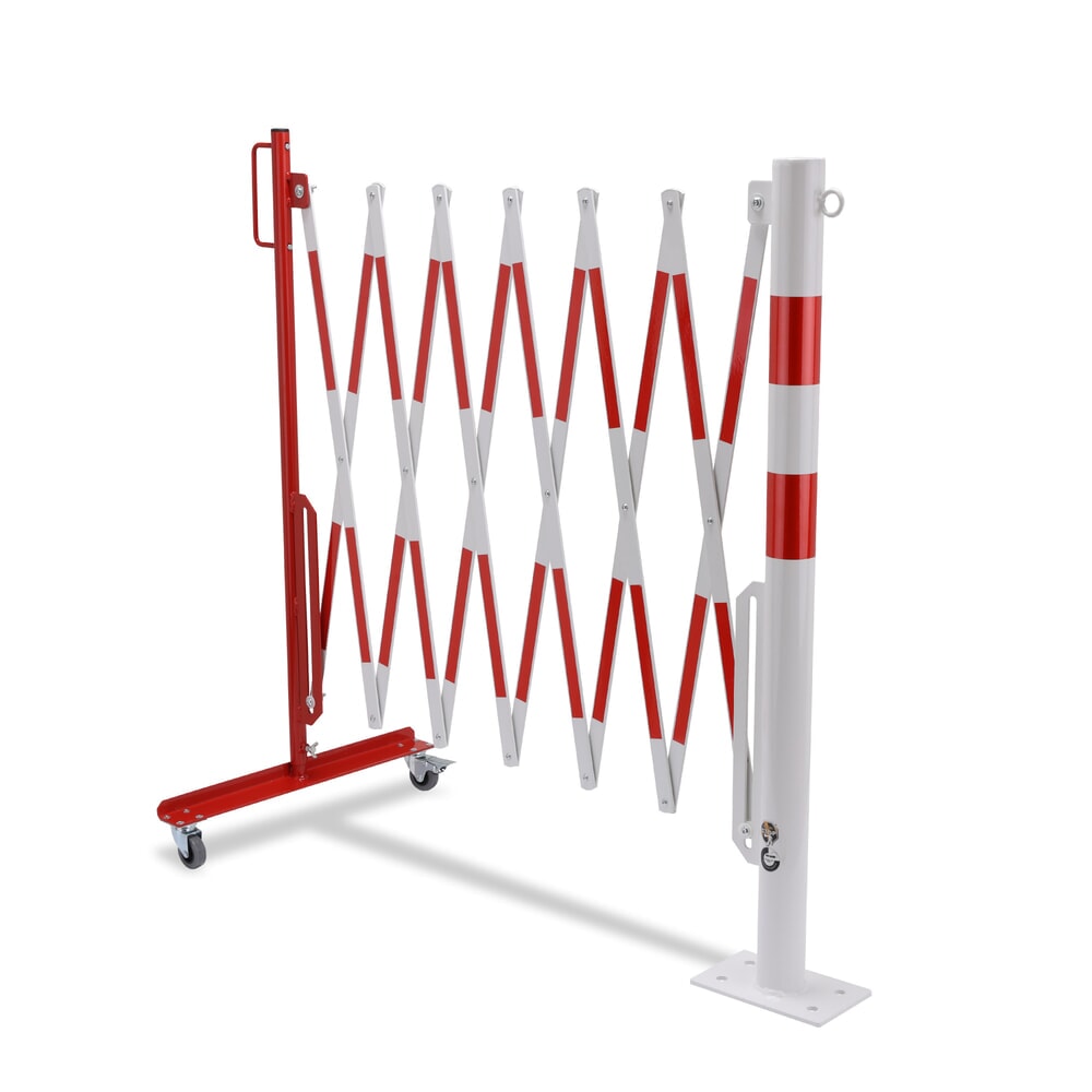 N° de l'image du produit 6 : Barrière extensible dancop avec potelets, Ø 60 mm, largeur 3 600 mm, rouge/blanc