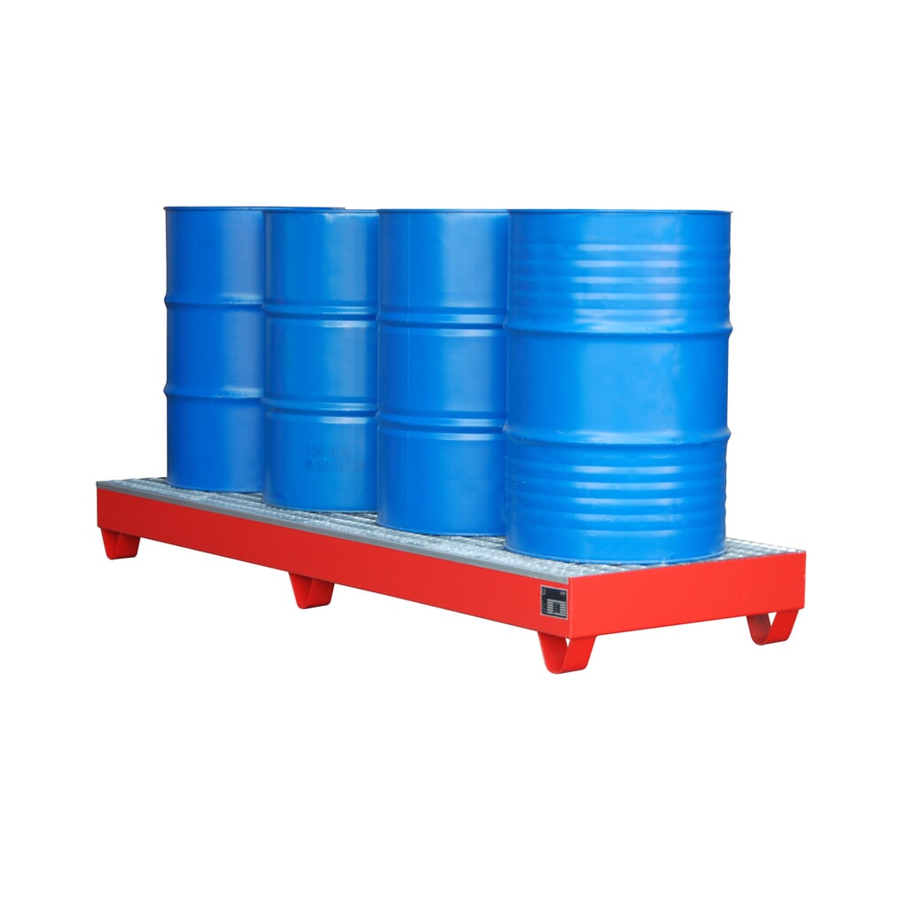Bauer® bac de rétention en acier, hauteur libre 100 mm, H x l x P 250 x 2 400 x 800 mm, avec grille, 4 x 200 l, rouge feu Illustration du produit: Bauer® bac de rétention en acier, hauteur libre 100 mm, H x l x P 250 x 2 400 x 800 mm, avec grille, 4 x 200 l, rouge feu