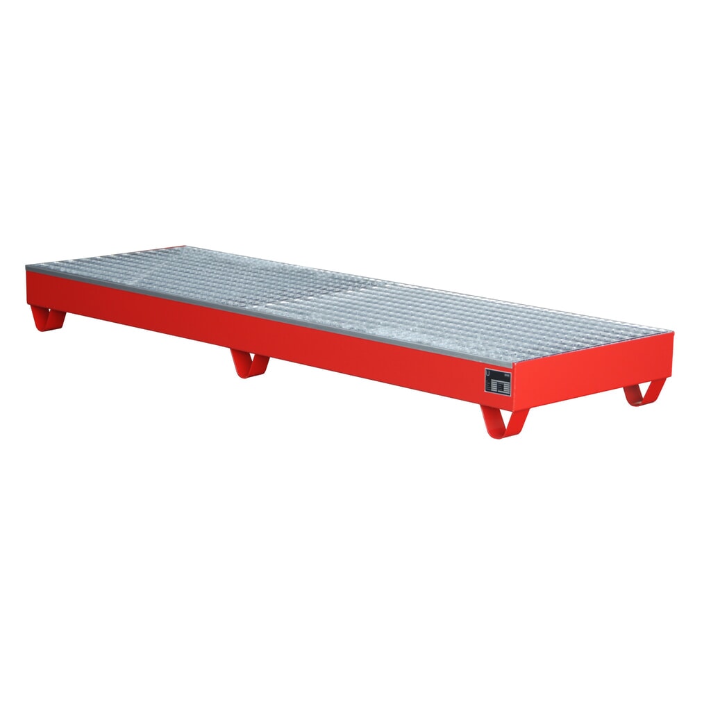 N° de l'image du produit 2 : Bauer® bac de rétention en acier, hauteur libre 100 mm, H x l x P 250 x 2 400 x 800 mm, avec grille, 4 x 200 l, rouge feu