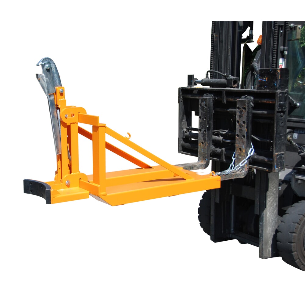 Illustration du produit: Bauer® Pince à fûts pour fûts en acier à double rebord et fûts en plastique à double rebord, accessoire pour chariot élévateur, capacité de charge 800 kg, RAL 2000 jaune-orange
