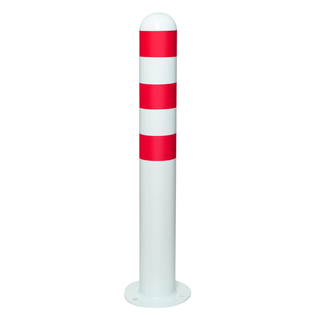 Borne de protection pour colonnes de recharge II MORAVIA, Ø 108 mm, hauteur 800 mm, à cheviller au sol, acier, revêtement plastique, anneaux réfléchissants rouges Illustration du produit: Borne de protection pour colonnes de recharge II MORAVIA, Ø 108 mm, hauteur 800 mm, à cheviller au sol, acier, revêtement plastique, anneaux réfléchissants rouges