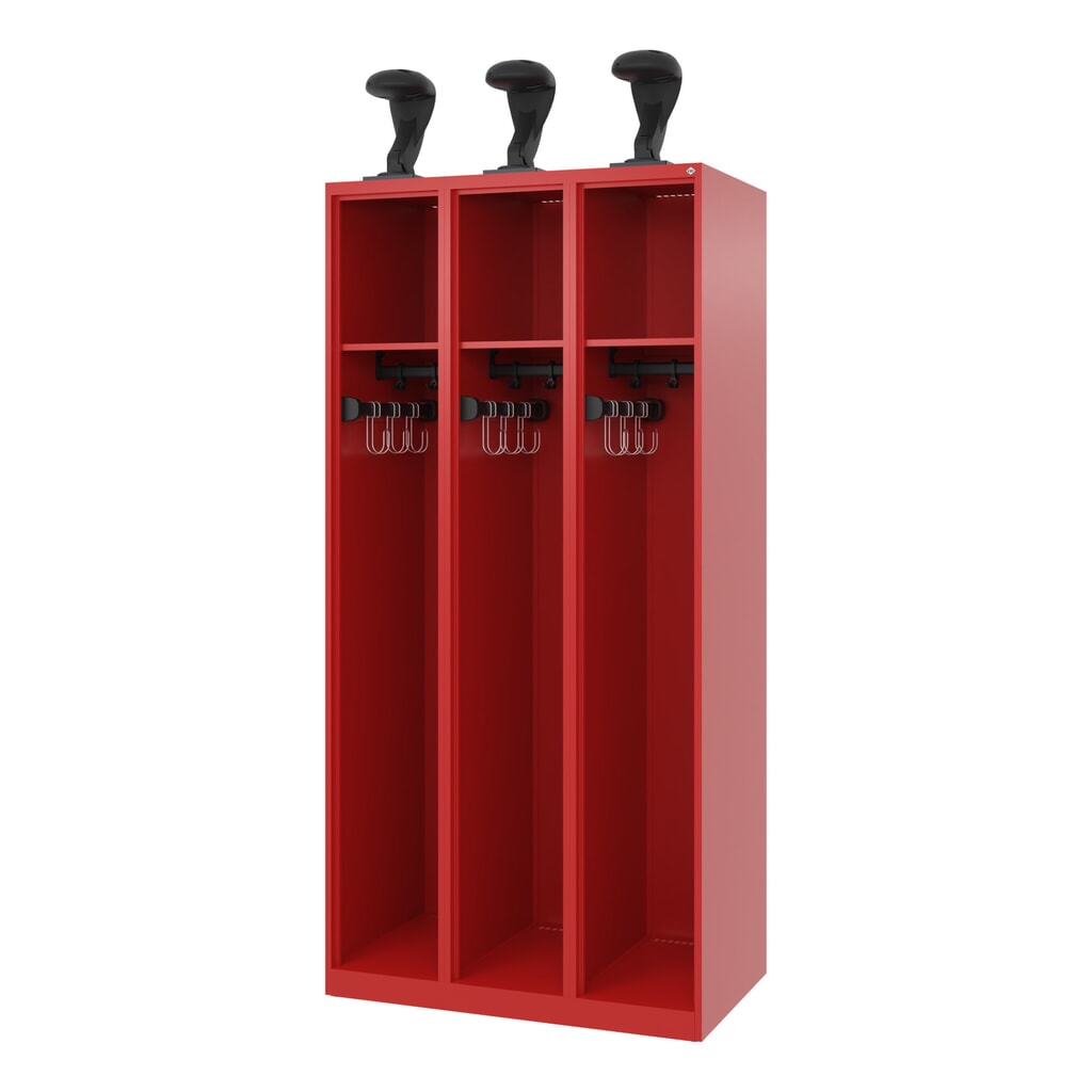 C+P Vestiaire pompier EXPERT, patins, 3 compartiments, HxlxP 1 850 x 900 x 500 mm, rouge feu, avec support de casque Illustration du produit: C+P Vestiaire pompier EXPERT, patins, 3 compartiments, HxlxP 1 850 x 900 x 500 mm, rouge feu, avec support de casque