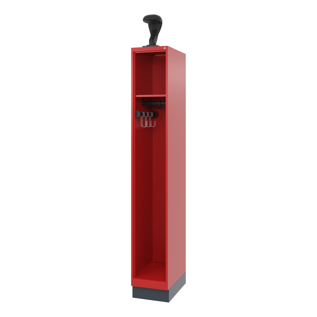 C+P Vestiaire pompier EXPERT, socle, 1 compartiment, HxlxP 1 850 x 300 x 500 mm, rouge feu, avec support de casque Illustration du produit: C+P Vestiaire pompier EXPERT, socle, 1 compartiment, HxlxP 1 850 x 300 x 500 mm, rouge feu, avec support de casque